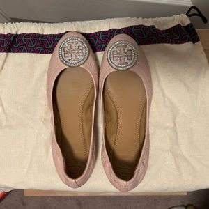 Tory Burch pink leather Liana ballerina flat with crystal logo